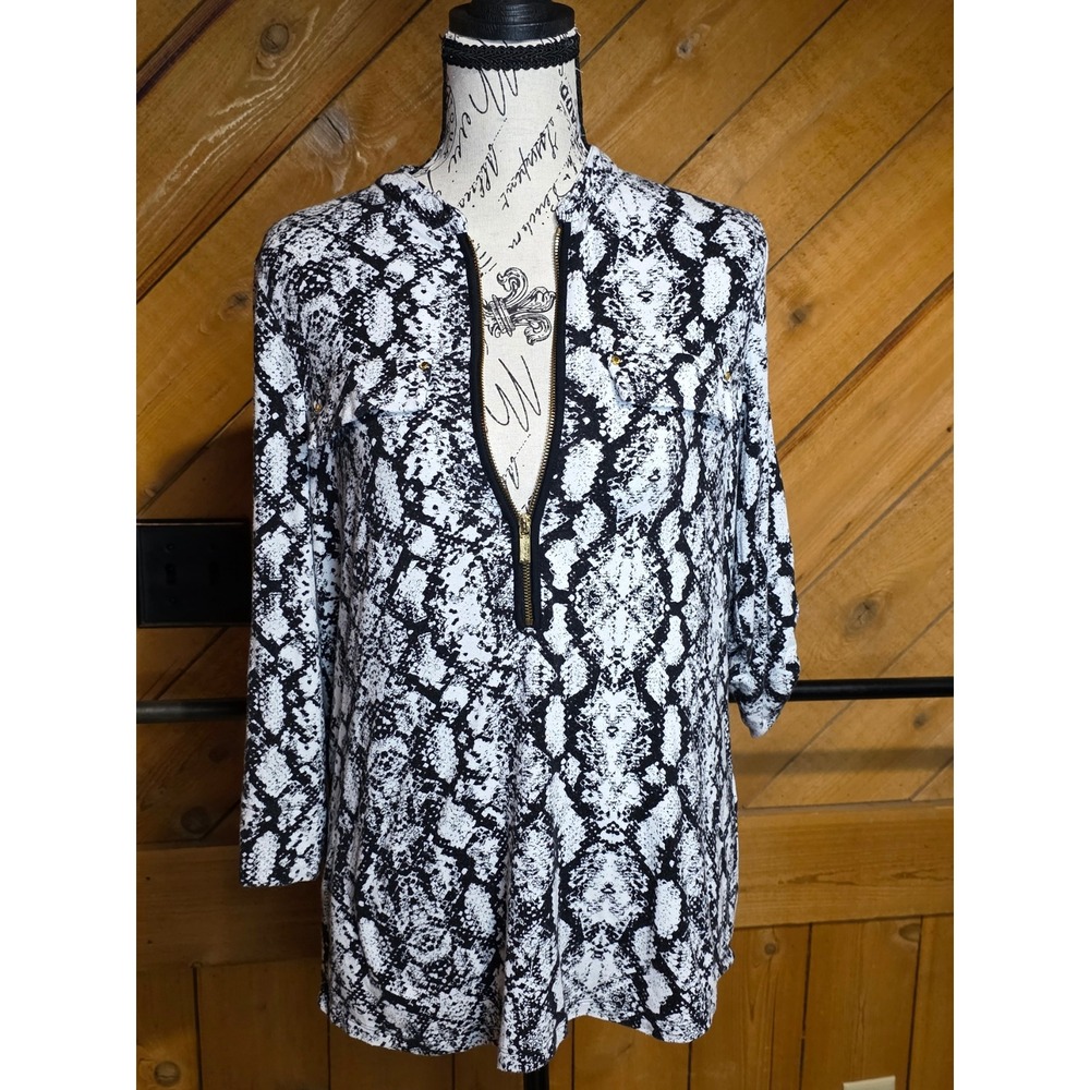 Snake Print Zip Front Tunic Top Black White Animal Print Blouse Womens‎